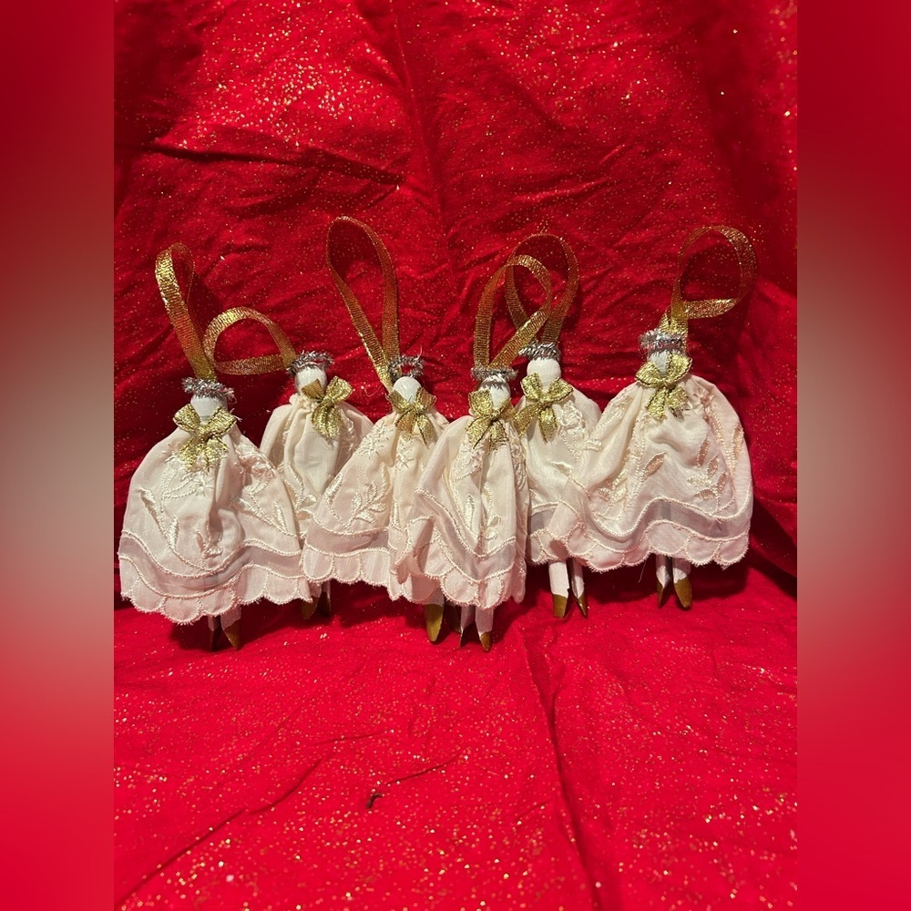 6 handmade clothespeg angel ornaments painted and decorated with lace